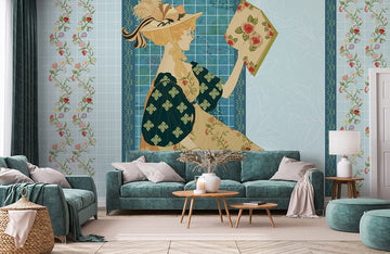 Vintage Floral Girl Reading Art Nouveau Mural