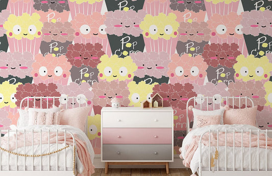 colorful cartoon popcorns wallpaper mural for girls room