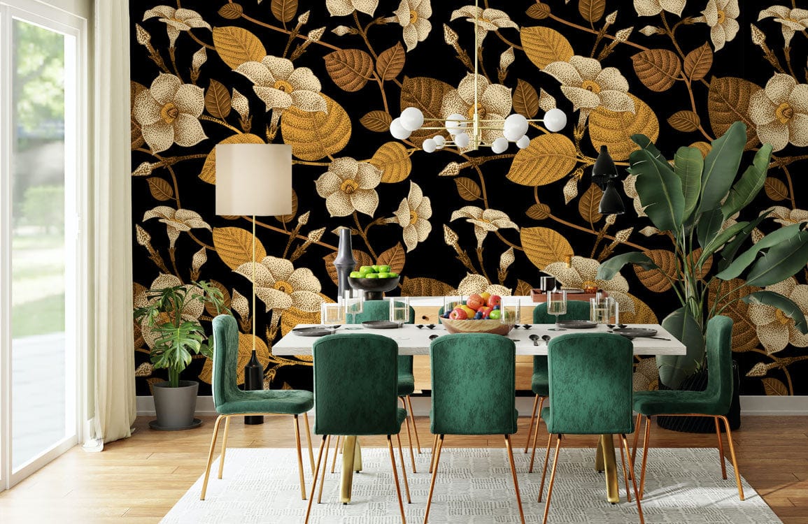 Vintage Floral Elegance wallpaper in dining room with green velvet chairs, gold chandelier, and wood flooring.