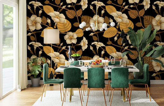 Vintage Floral Elegance wallpaper in dining room with green velvet chairs, gold chandelier, and wood flooring.