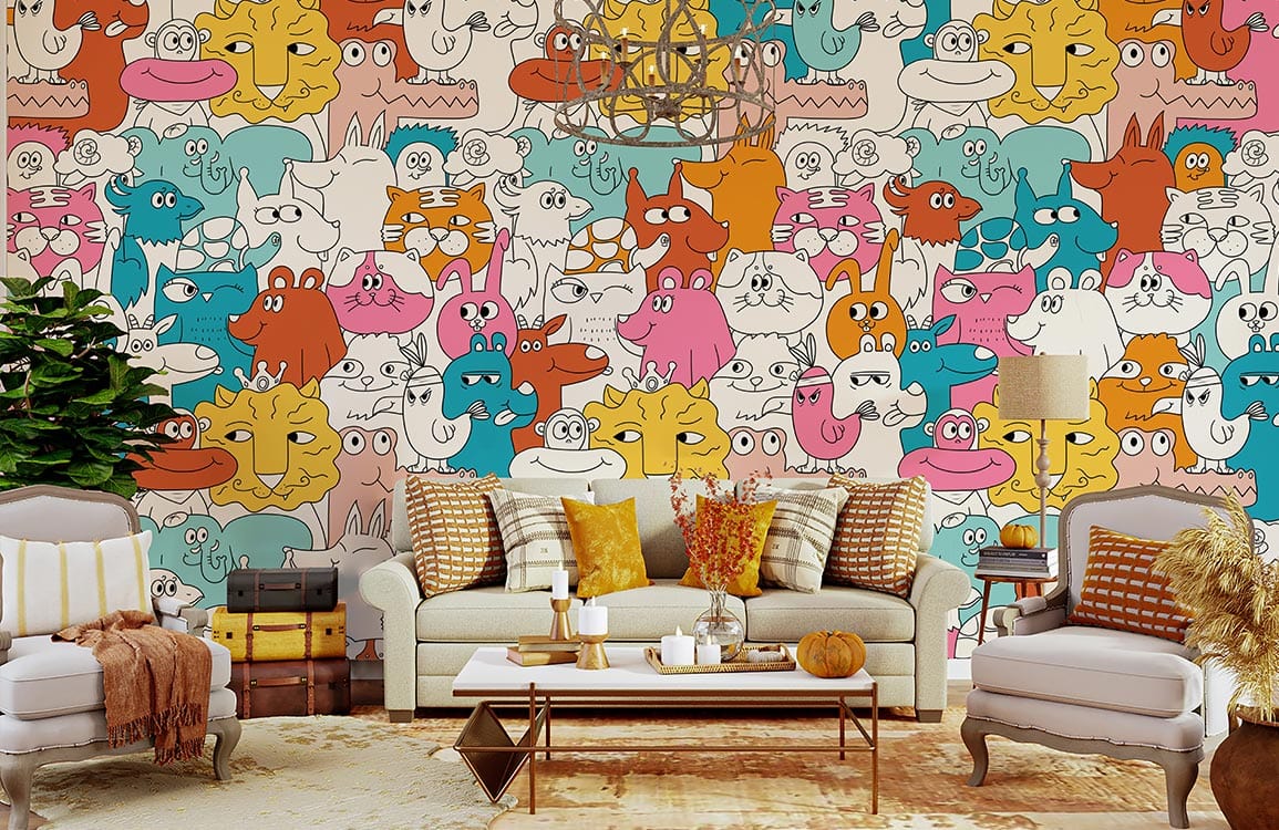 Colorful Whimsical Animal Cartoon Mural Wallpaper