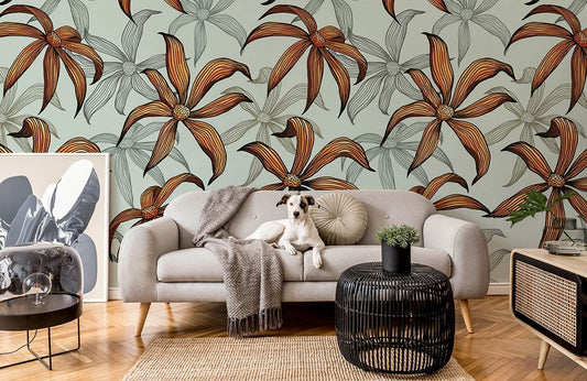 Elegant Orange Botanical Floral Mural Wallpaper