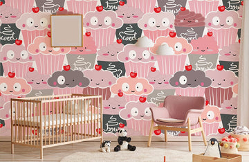 Whimsical Cupcake Dessert Pattern Mural Wallpaper
