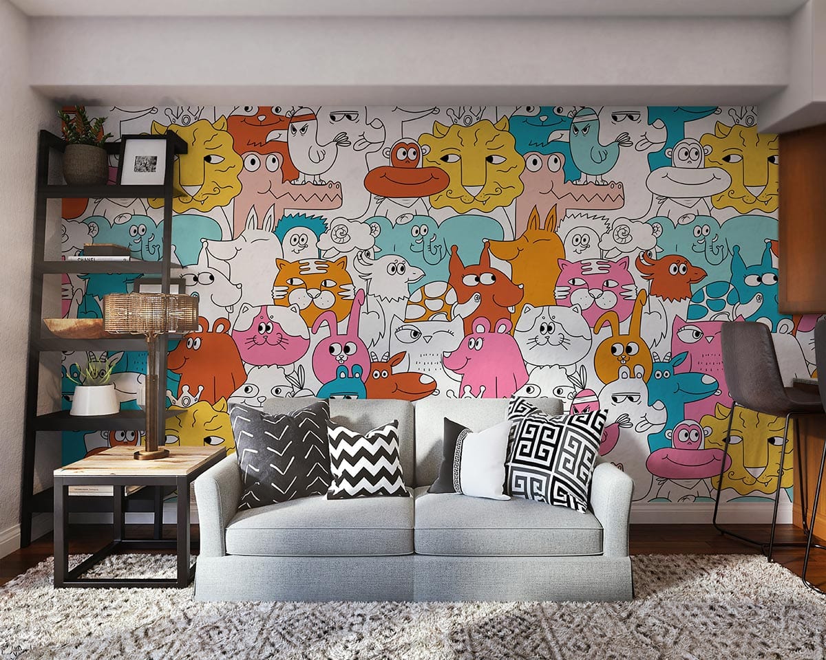 Colorful Whimsical Animal Cartoon Mural Wallpaper