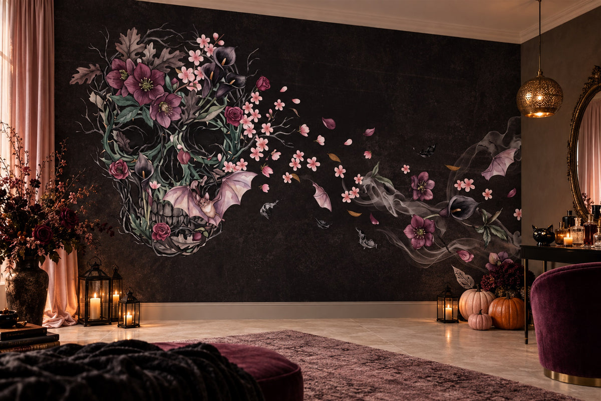 Floral Skull with Drifting Blossoms Halloween Wallpaper Mural - image 4