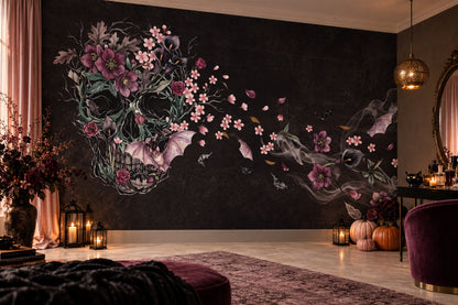 Floral Skull with Drifting Blossoms Halloween Wallpaper Mural - image 4