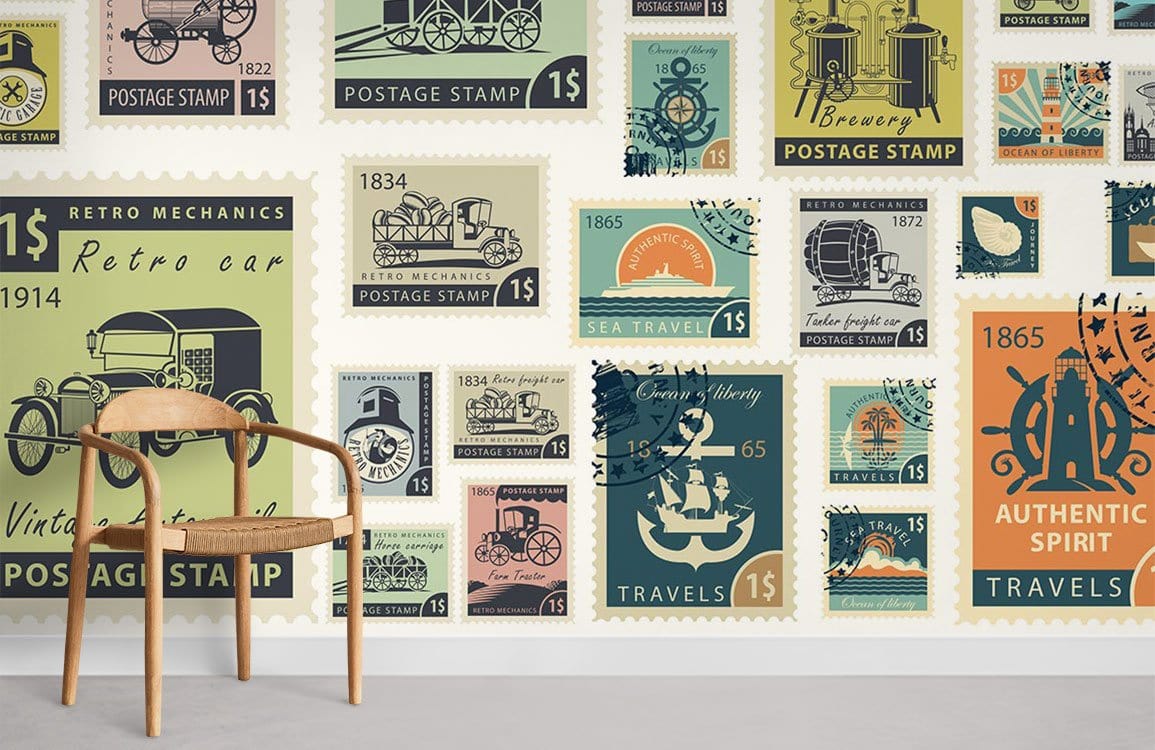 Vintage Stamp Collage Feature Mural Wallpaper