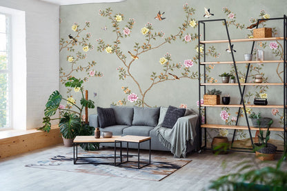 birds and flowers wallpaper mural hallway decor