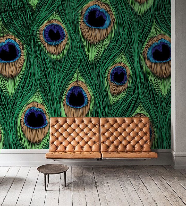 Vibrant Peacock Feather Pattern Wallpaper Mural