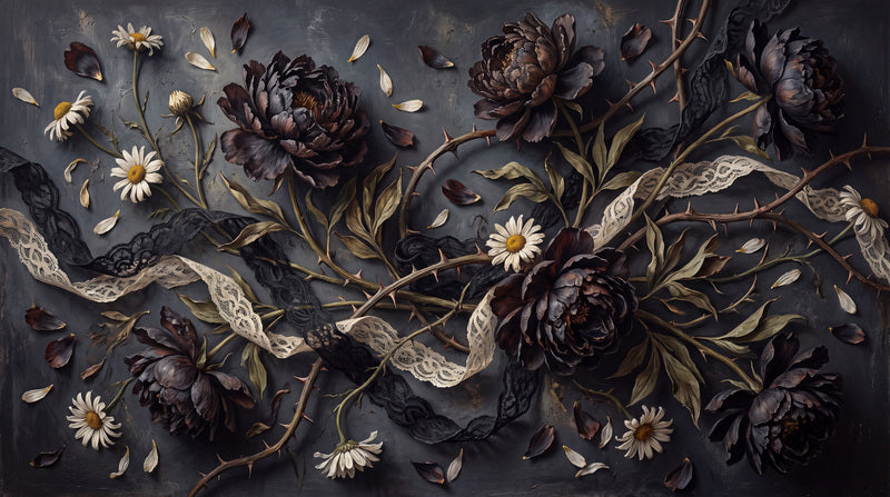 Black Roses Daisies and Thorny Branches Halloween Wallpaper Mural - image 2