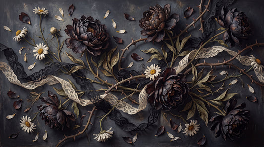 Black Roses Daisies and Thorny Branches Halloween Wallpaper Mural - image 2