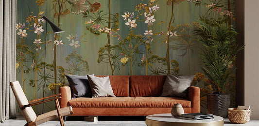 Elegant Botanical Floral Mural Wallpaper in living room