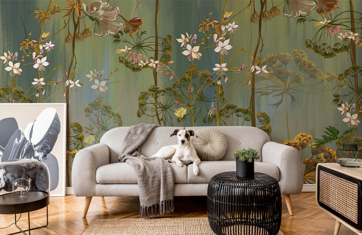Elegant Botanical Floral Mural Wallpaper in living room