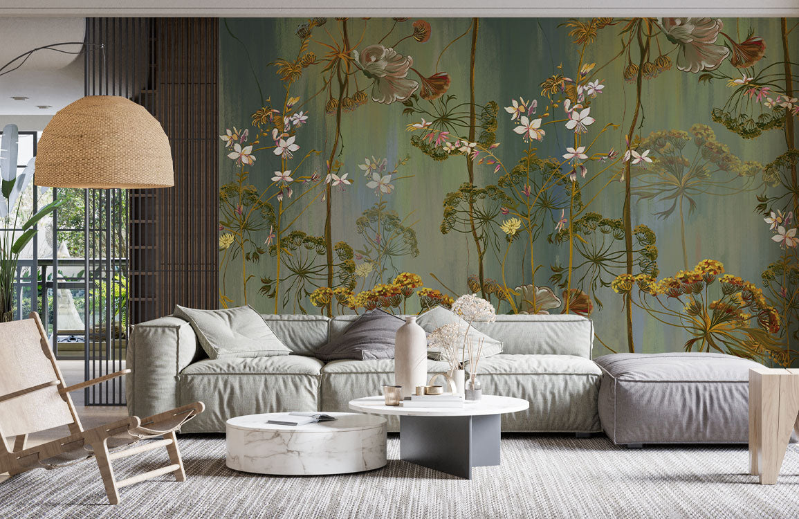 Elegant Botanical Floral Mural Wallpaper in living room
