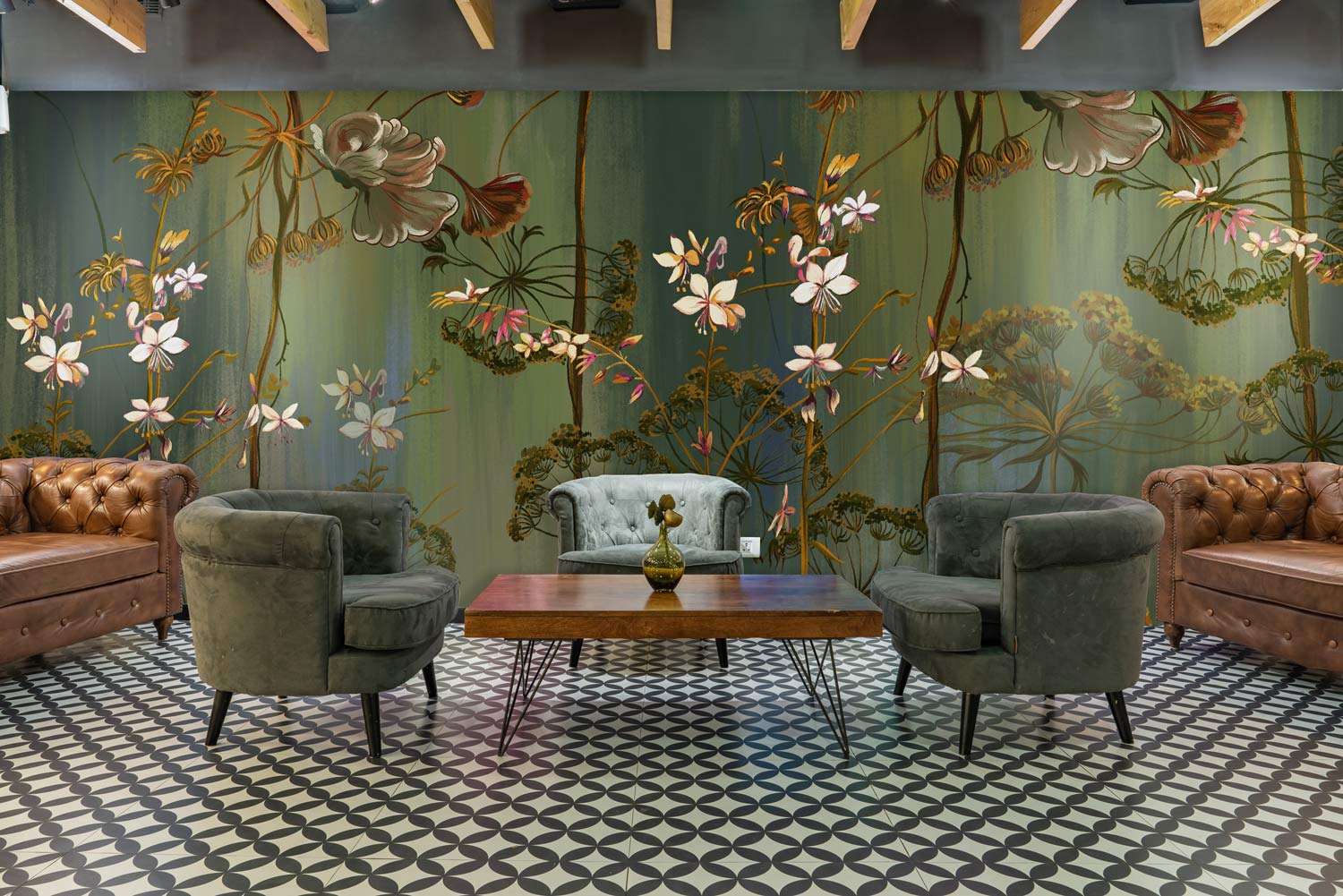 Living Room Wallpaper Mural Featuring Vintage Flowers and Vines