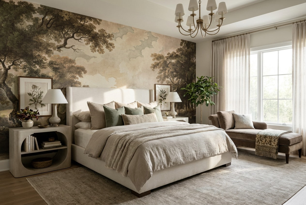 Tan River Old-World Jungle Wallpaper Mural interior scene