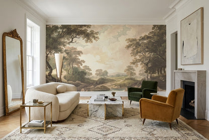 Tan River Old-World Jungle Wallpaper Mural room scene