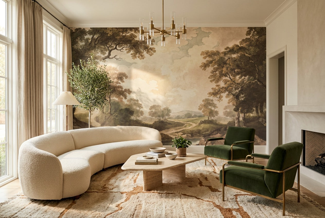 Tan River Old-World Jungle Wallpaper Mural interior scene