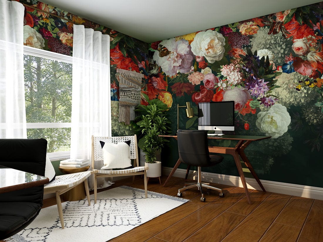 Luxurious dark floral mural wallpaper with botanical design featured in elegant study, wood flooring, modern desk.