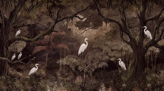 Deep Night Egret Dark Forest Wallpaper Mural pattern