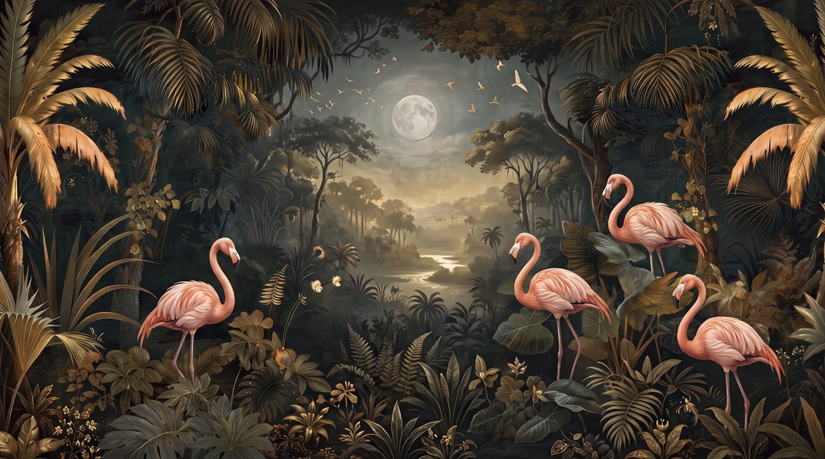 Shadow Flamingo Dark Forest Wallpaper Mural pattern