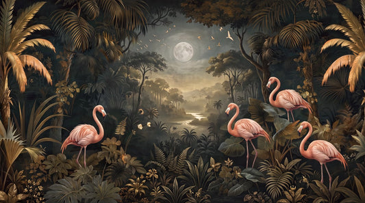 Shadow Flamingo Dark Forest Wallpaper Mural pattern