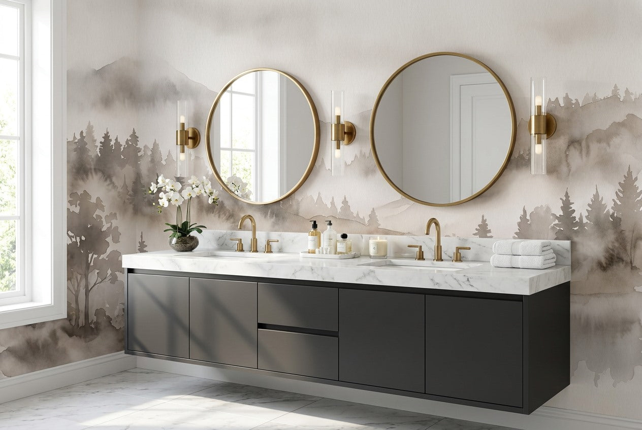 Sepia Grey Misty Forest Wallpaper Mural interior scene