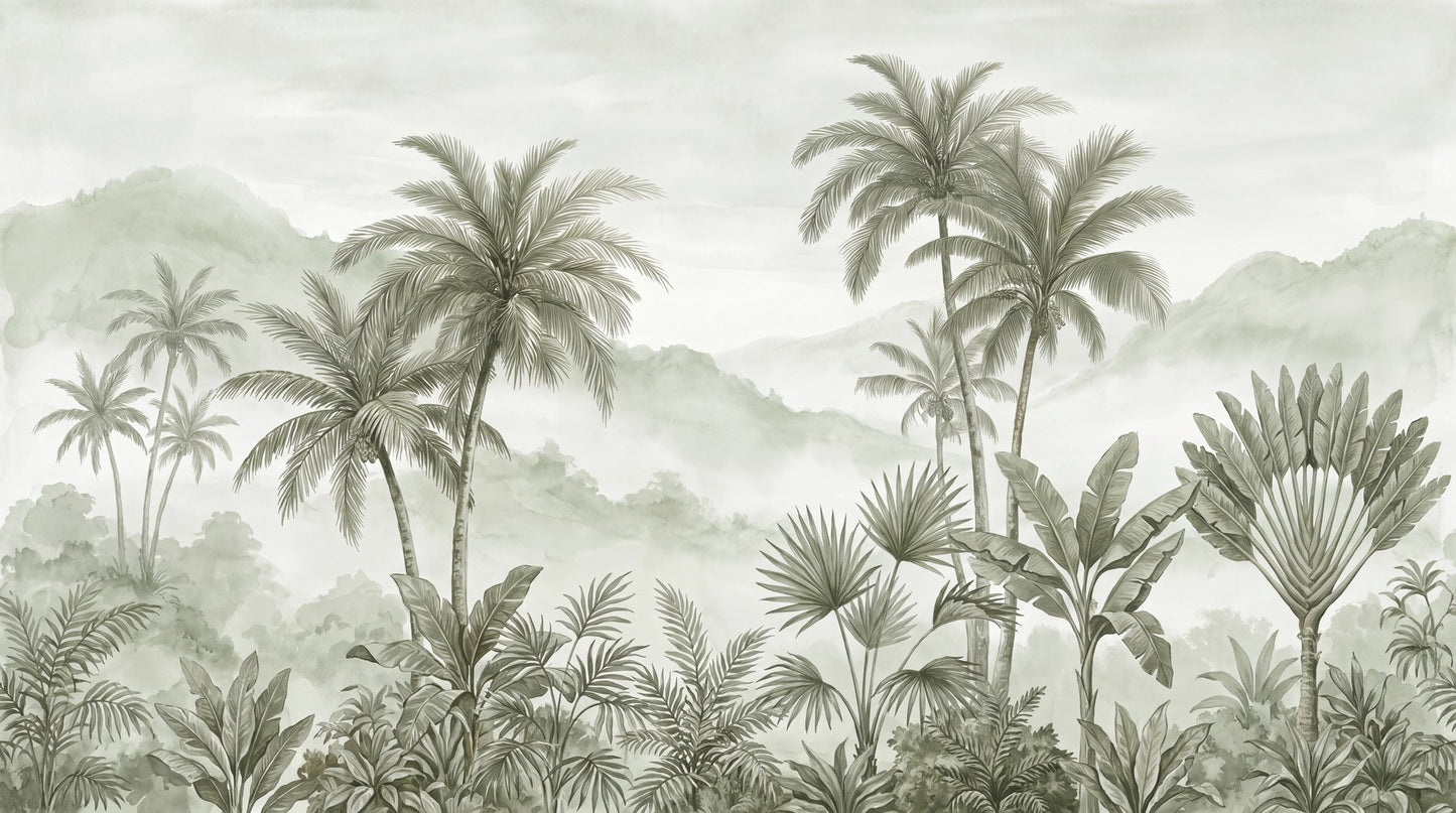 Mint Palm Hand-Painted Jungle Wallpaper Mural pattern