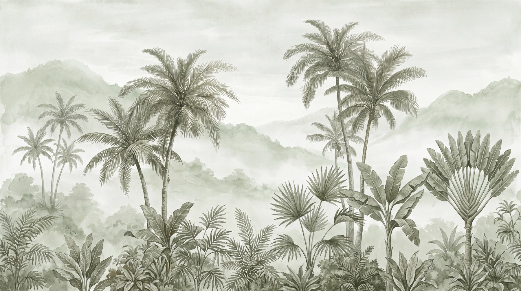 Mint Palm Hand-Painted Jungle Wallpaper Mural pattern