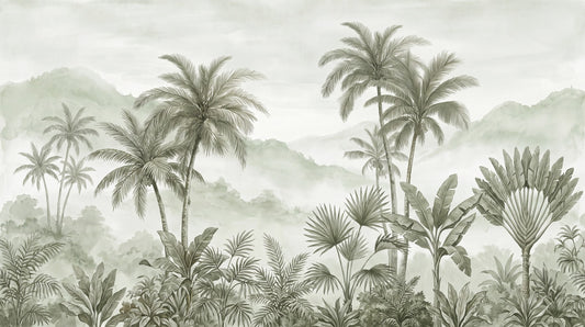 Mint Palm Hand-Painted Jungle Wallpaper Mural pattern