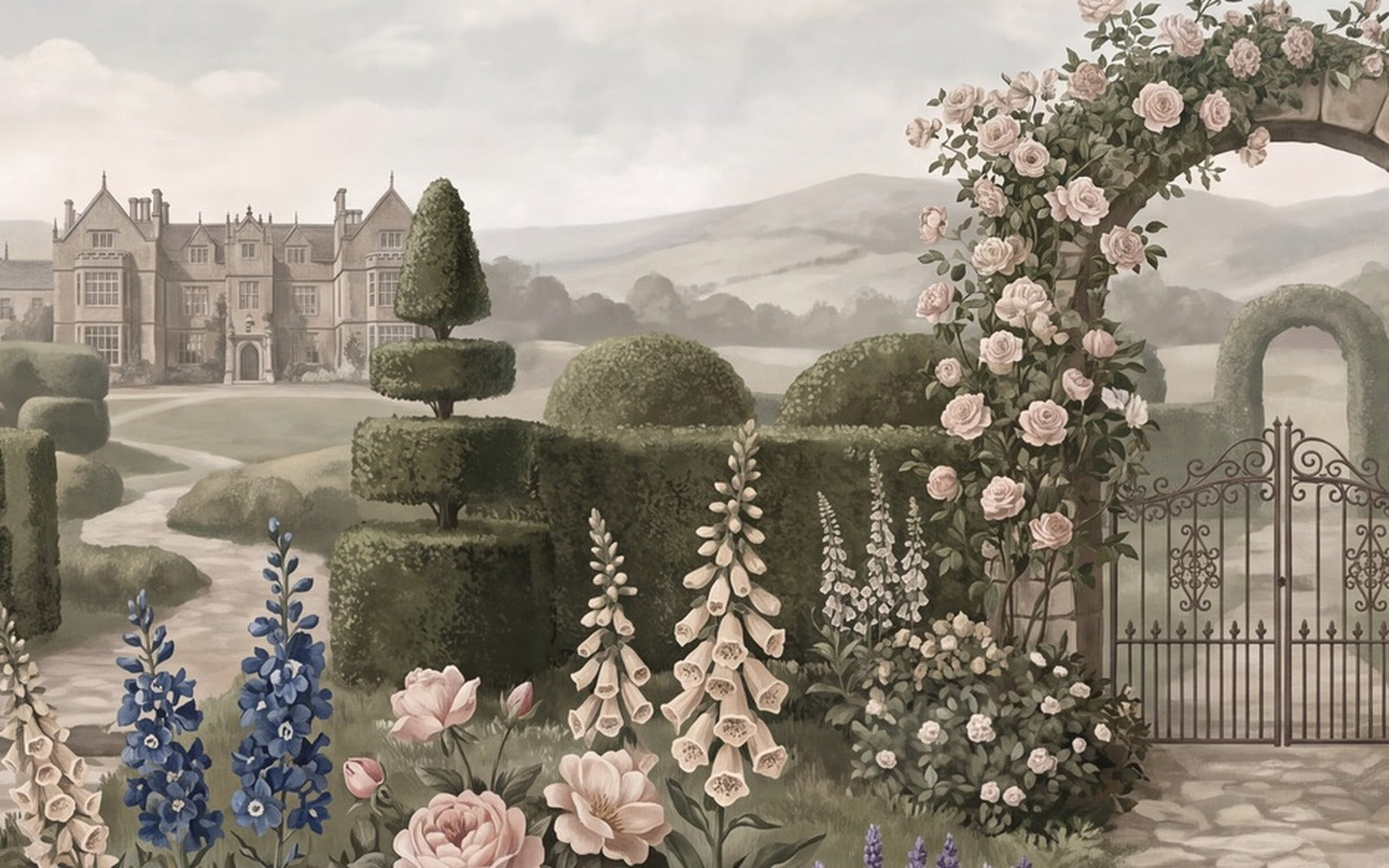 Green Rose Arch Manor Garden Wallpaper Mural - 2