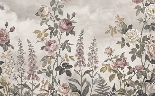Taupe Rose Border English Garden Wallpaper Mural - 2