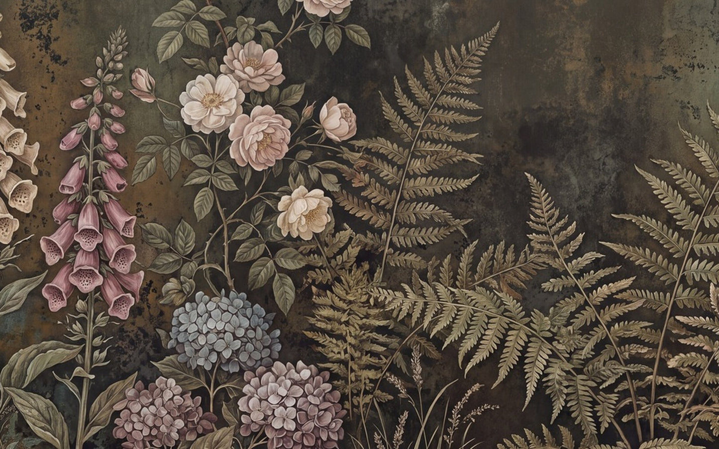Dark Blush Fern and Rose Wallpaper Mural - 2