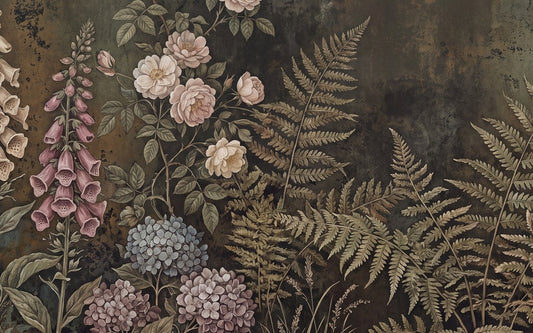 Dark Blush Fern and Rose Wallpaper Mural - 2