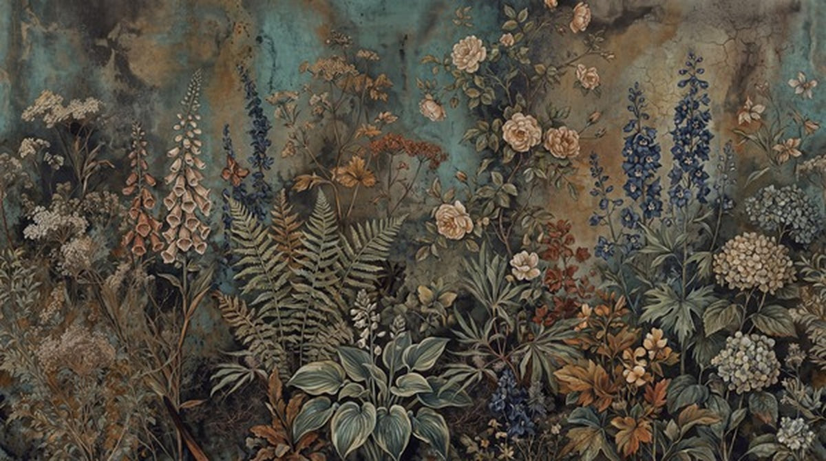 Teal Antique Wildflower Garden Wallpaper Mural