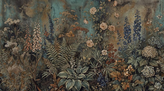 Teal Antique Wildflower Garden Wallpaper Mural - 2