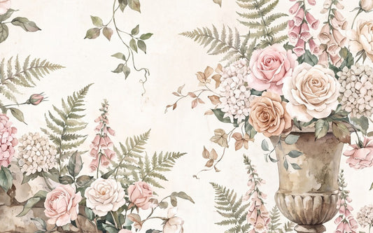 Ivory Floral Urn English Garden Wallpaper Mural - 2