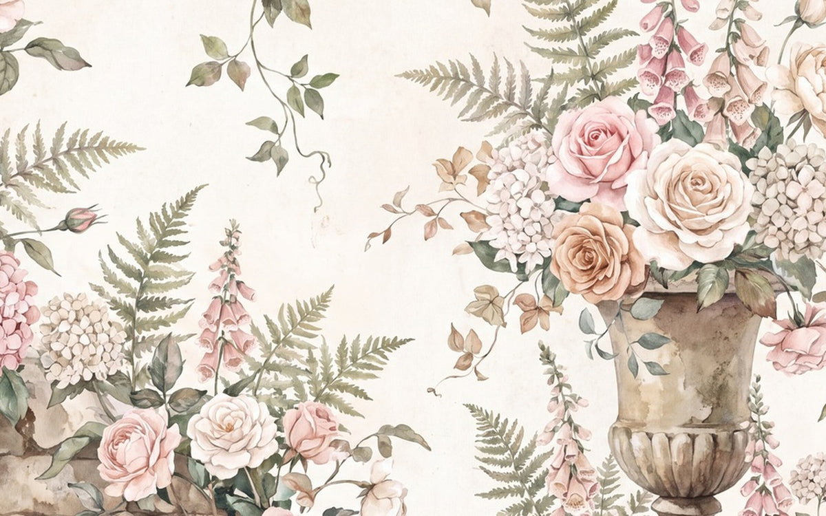 Ivory Floral Urn English Garden Wallpaper Mural - 2