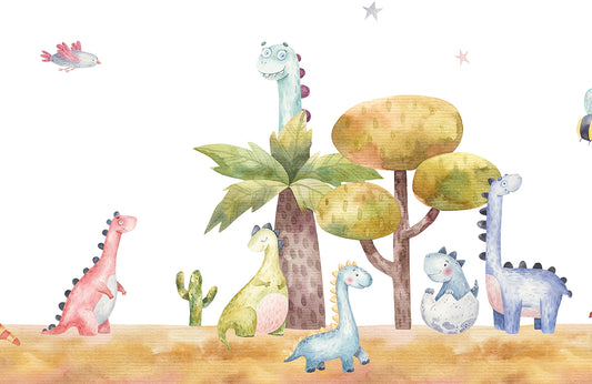 Whimsical Dinosaur Watercolor Kids Mural Wallpaper