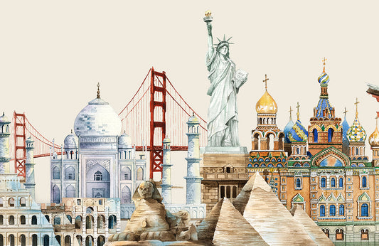 World Landmarks Watercolor Mural Wallpaper