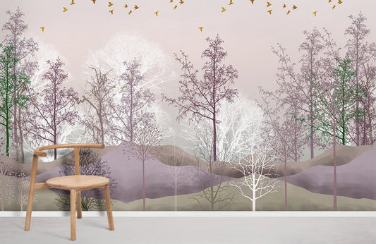 Misty Forest Birds Silhouette Mural Wallpaper