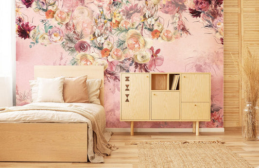 Vintage Pink Floral Bedroom Mural Wallpaper