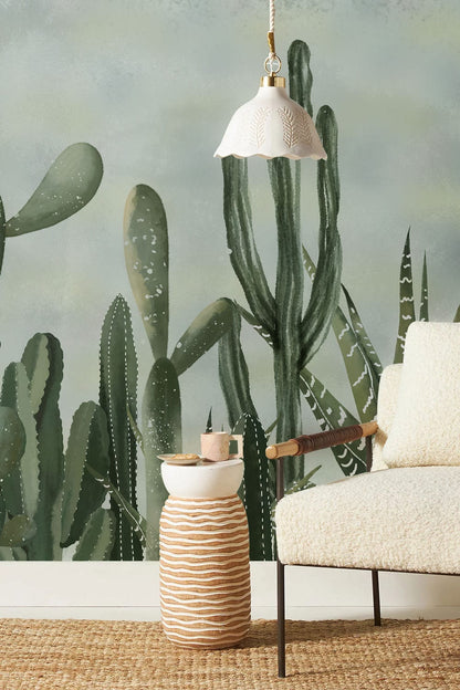 The hallway will have a mural wallpaper covering that has a watercolour cactus motif.