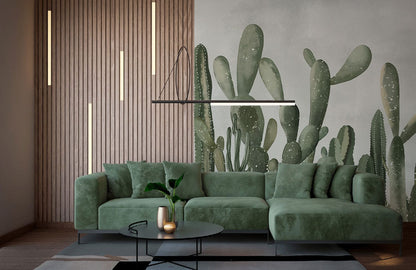 Mural wallpaper with a watercolour cactus pattern that may be used to decorate the living room.