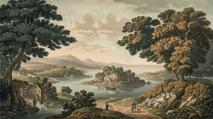 Vintage Teal Lakeside Forest Wallpaper Mural pattern artwork