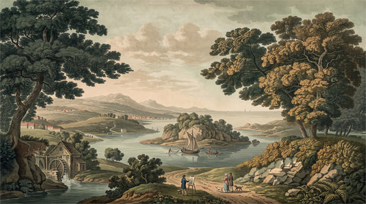 Vintage Teal Lakeside Forest Wallpaper Mural pattern artwork