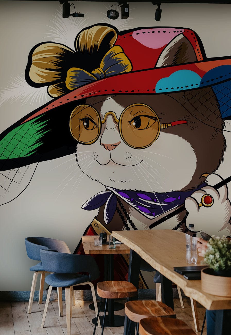 Wallpaper mural featuring a chic cat dressed for the occasion, ideal for use in restaurants.