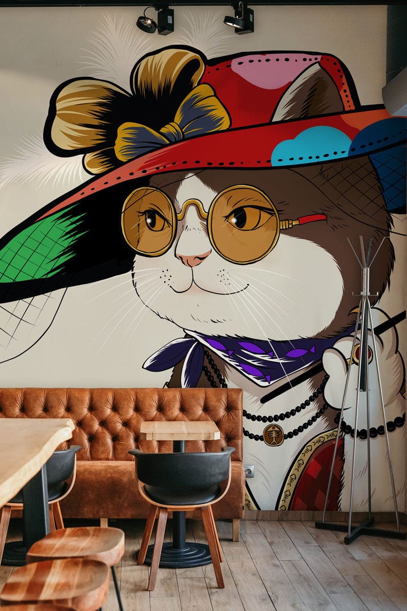 Wallpaper mural featuring a chic cat dressed for the occasion, perfect for use in restaurants.