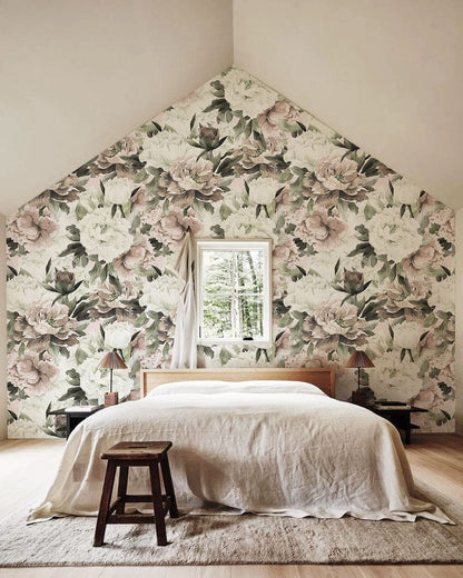 Wall mural paper for bedrooms, with flowers in white and neutral tones