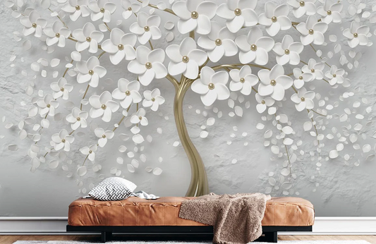 Wallpaper mural with white blossom petals for the wall